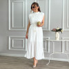 Women Lady Elegant Sleek Simple Waist Cinching Tie Midi Ladies Dress
