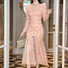 Women's Dresses Pink Puff Sleeve Midi Party Beaded Lace Mermaid Evening Dresses