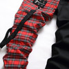Korean Fashion Red Plaid Patchwork Punk Rivet Men Slim Jeans Trousers Skull Pant