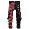 Korean Fashion Red Plaid Patchwork Punk Rivet Men Slim Jeans Trousers Skull Pant