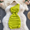 New Sexy Sloping Shoulder Breasted Package Hip Pleated Solid Color Dress