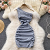 New Sexy Sloping Shoulder Breasted Package Hip Pleated Solid Color Dress