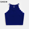 SHEIN Crop Tops Women 2017 Solid Blue Scallop Trim Halter Top Summer Women's Sleeveless Camisole Women Sexy Top