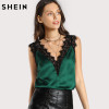 SHEIN Lace Trim Double V Neck Satin Silk Top Sexy Tops for Women Fitness Tank Top Green Elegant Women's Sleeveless Tops