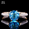 Solid 10k Yellow Gold Engagement Natural Diamonds Wedding Fine Ring 6.5mm Round Swiss Blue Topaz Anniversary Gemstone Ring