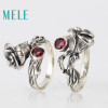 Natural Chinese Classical style silver 925 jewelry.Garnet Rose retro ring for women, Adjustable stereoscopic engraving,Glitterin