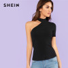 SHEIN Black Asymmetrical Sleeve Solid Tee Women Elegant Stand Collar Short Sleeve Slim Top Tee 2018 Summer New Sexy T-shirt