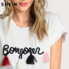 SHEIN T shirt Women Tops Summer O-neck T shirt Batwing Sleeve Tassel Detail Embroidery Dolman Top White Short Sleeve T-shirt