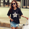 OUMENGKA New Fashion T Shirt Women Tops Short Sleeve O-neck Cotton Tees Star Polka Dot Printed Summer Rhinestone Camisetas Mujer