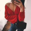 Backless Short Sexy T-shirt Women Deep V Neck Full Sleeve Crop Top White Tshirt Bow Female Tee Shirt Tops Tees White Red