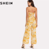 SHEIN Summer Vacation 2018 Spaghetti Strap Boho High Waist Tropical Palm Leaf Print Shirred Wide Leg Cami Palazzo Women Jumpsuit