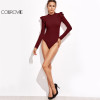 COLROVIE Mock Neck Textured Bodysuit Women Cute Ruffle Long Sleeve Burgundy Bodysuits 2017 Fall Casual Sexy Basic Lady Bodysuit