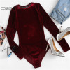 COLROVIE Backless Velvet Lace Bodysuit Burgundy Elegant Women Applique Long Sleeve Bodysuit 2017 New Sexy Vintage Party Bodysuit