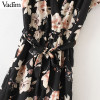 Vadim women vintage V neck floral jumpsuits wide leg pants sashes pleated elastic waist rompers summer casual playsuits KZ926