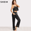 SHEIN Women Pajamas Sleepwear Two Piece Set Black Spaghetti Strap Eyelash Lace Applique Cami Top and Pants Pajamas Set