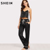 SHEIN Women Pajamas Sleepwear Two Piece Set Black Spaghetti Strap Eyelash Lace Applique Cami Top and Pants Pajamas Set