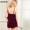 SHEIN Women Sleeping Summer Nightwear Pyjama Burgundy Spaghetti Strap Scalloped Trim Velvet Cami Top &amp; Shorts Pajama Set