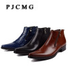 PJCMG New cowhide boots Genuine Soft Leather Boots Pointed Toe Breathable Bullock Patterns Oxford Dress Shoes For Men Boots