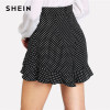 SHEIN Casual Ruffle Trim Polka Dot Shorts Women Summer High Waist Zipper Fly Wide Leg Shorts 2018 New Asymmetrical Shorts