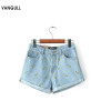 Denim Shorts Women Summer Banana Flower Embroidery Cotton Denim Shorts 2016 curling plus size casual female waist Jeans Shorts