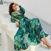 Vintacy Long Sleeve Dress Green Tropical Print Vintage Maxi Dresses Boho Casual V Neck Belt Lace Up Tunic Draped Plus Size Dress