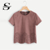 Sheinside Pink Scallop Laser Cut Out Blouse Solid Button Back Short Sleeve Top 2018 Summer Women Office Ladies Work Blouse 