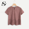 Sheinside Pink Scallop Laser Cut Out Blouse Solid Button Back Short Sleeve Top 2018 Summer Women Office Ladies Work Blouse 