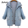 ROMWE Hooded Drawstring Boyfriend Trends Jean Swish Pockets Two Piece Coat 2018 Blue Long Sleeve Single Breasted Denim Jacket