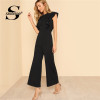 Sheinside Black Ruffle Jumpsuit Women Round Neck Sleeveless Summer Jumpsuit 2018 Office Work Wear Elegant Wide Leg Jumpsuit