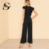 Sheinside Black Ruffle Jumpsuit Women Round Neck Sleeveless Summer Jumpsuit 2018 Office Work Wear Elegant Wide Leg Jumpsuit