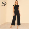 Sheinside Black Ruffle Jumpsuit Women Round Neck Sleeveless Summer Jumpsuit 2018 Office Work Wear Elegant Wide Leg Jumpsuit