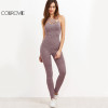 COLROVIE Grey Marled Ribbed Jumpsuit Cage Neck Sexy Skinny Women Casual Knit Jumpsuits 2017 Fall Cross Strappy Basic Jumpsuit