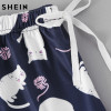 SHEIN Cute Sleepwear Women Pajama Sets Women Cat Print Short Sleeve Round Neck White Tee and Blue Pants Pajama Set