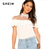 SHEIN Pearl Embellished Mesh Yoke Tiered Blouse 2018 Summer Stand Collar Sleeveless Ruffle Top Women White Pearls Elegant Blouse