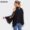 SHEIN Casual Women Tops Crisscross Open Shoulder Embroidery Flare Sleeve Blouse Black Stand Collar Long Sleeve Blouse 