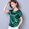 Elegant ladies blouse office work satin silk brief solid color women tops plus size o neck short sleeve buttons loose blusas