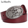 Fashion women's belt cowskin leather lady belt vintage arabesque pattern silver flower buckle belt for woman gift 