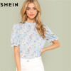 SHEIN Office Lady Tops Ruffle Floral Blue Blouses 2018 New Women Summer Casual Short Puff Sleeve Frill Trim Calico Print Blouse