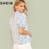 SHEIN Office Lady Tops Ruffle Floral Blue Blouses 2018 New Women Summer Casual Short Puff Sleeve Frill Trim Calico Print Blouse