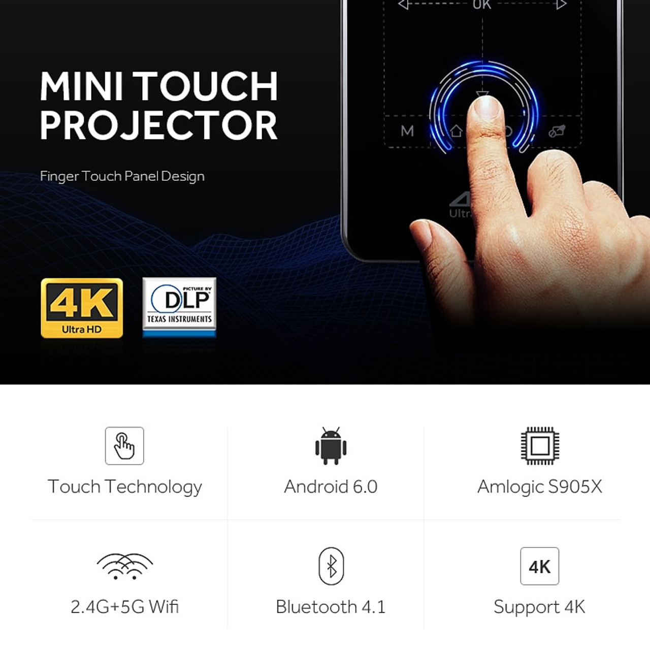 AUN MINI Projector D7 Android 6.0 Beamer, Built-in 2.4G/5G WIFI, Bluetooth,  4,000mAH Battery. HDMI. Support 4K proyector DLP 