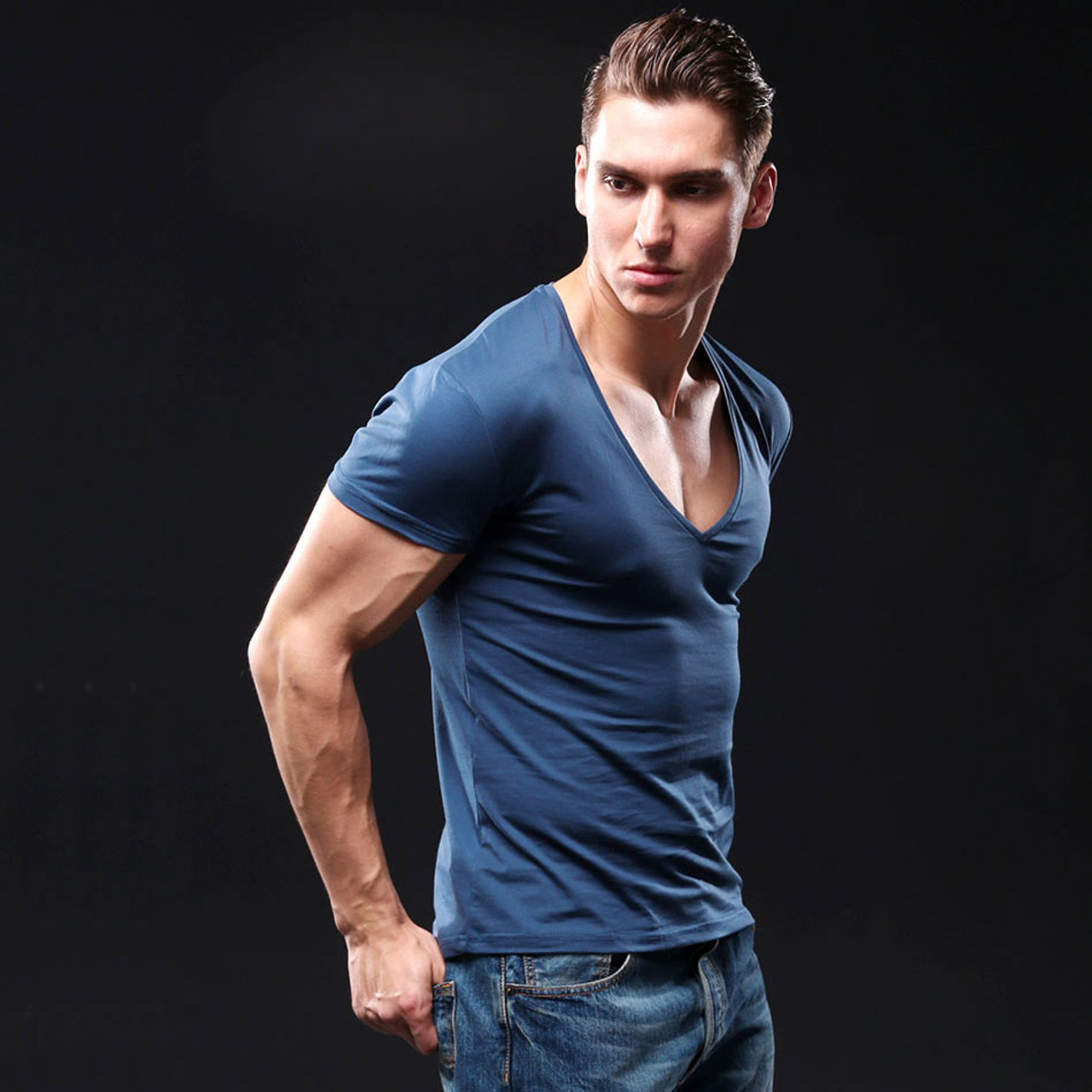 deep neck t shirt mens