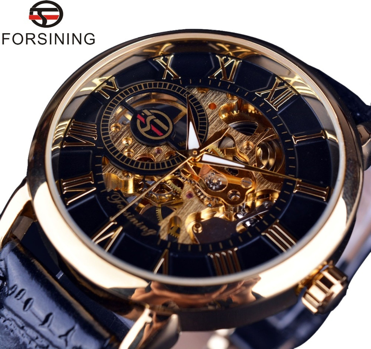 Forsining 3d Logo Design Hollow Engraving Black Gold Case Leather Skeleton Mechanical Watches Men Luxury Brand Heren Horloge Onshopdeals Com