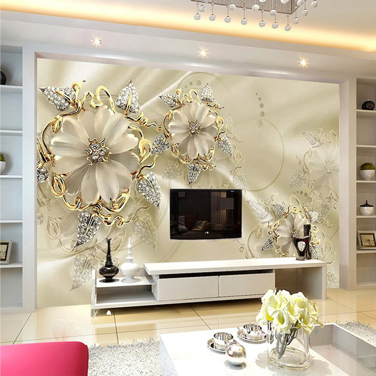 Custom 3d Mural Wallpaper European Style Diamond Jewelry Golden Flower Backdrop Decor Mural Modern Art Wall Painting Living Room Onshopdeals Com