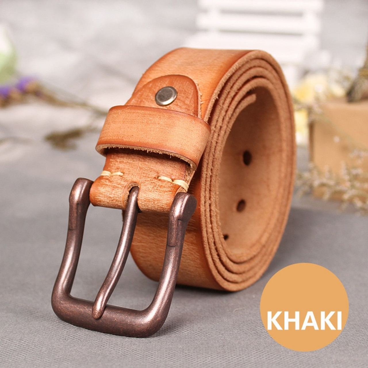 Mens Orange Plain Genuine Leather Cowboy Belt Western Dress Buckle Cinto