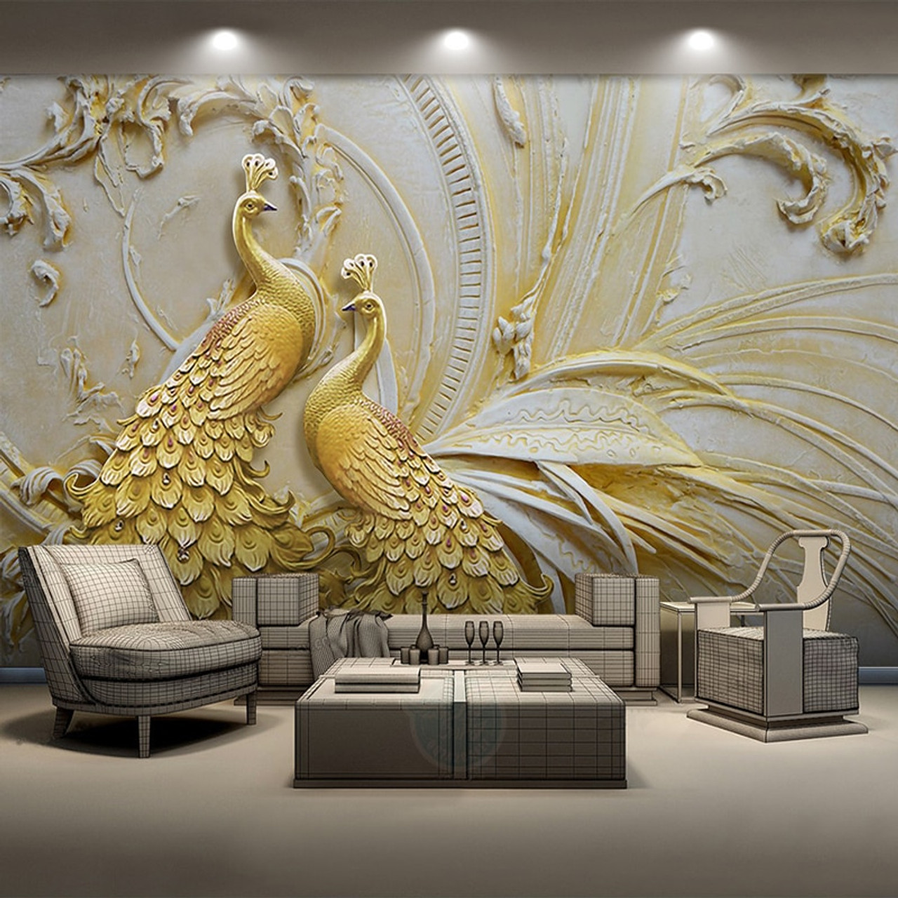 Custom Mural Wallpaper For Walls 3D Stereoscopic Embossed Golden Peacock Background Wall 