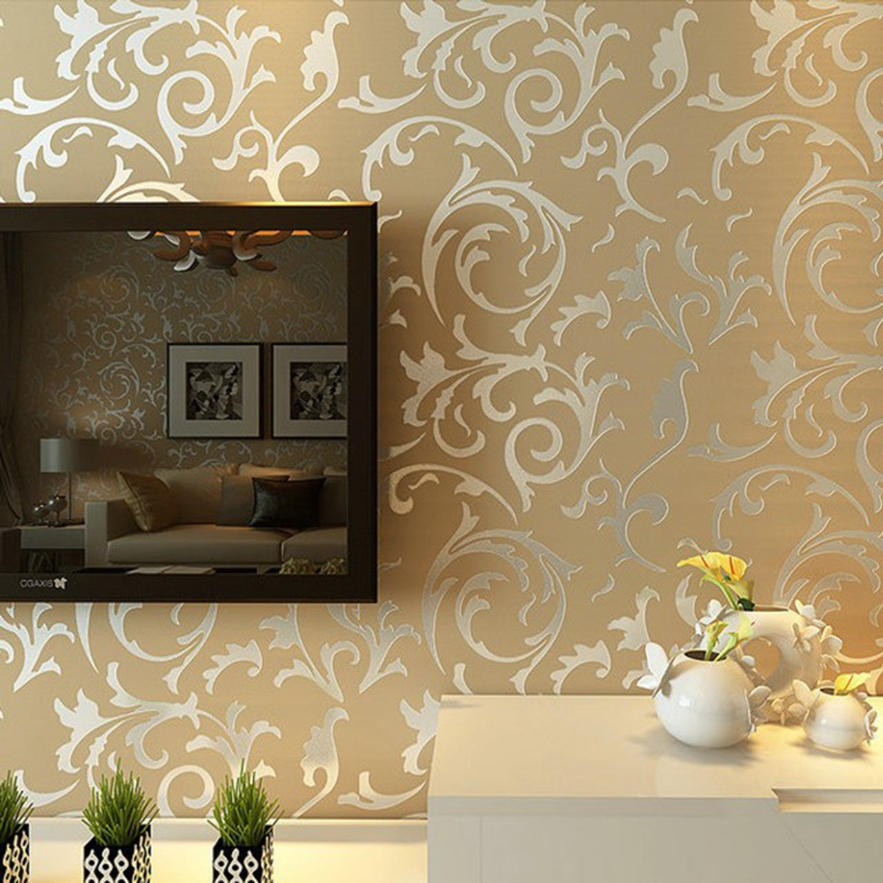 Gold silver beige color beautiful floral design with texture background  home décor wallpaper for walls