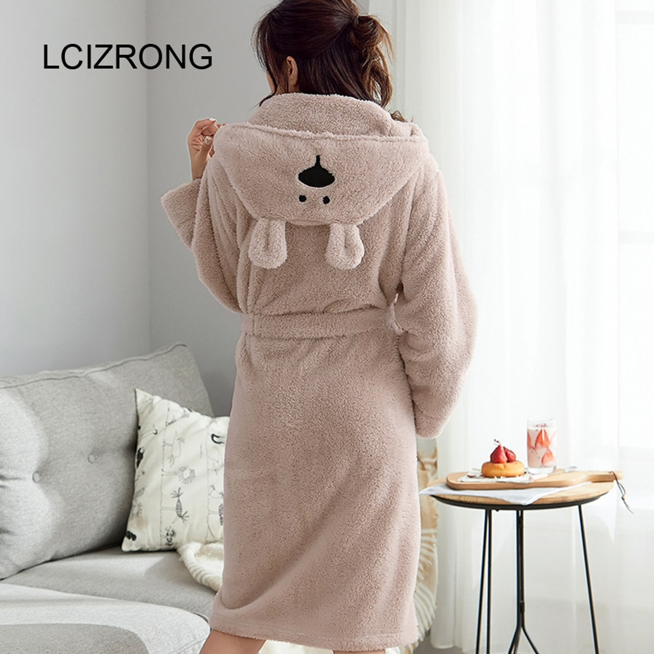 Winter Cute Warm Bathrobes Women Cartoon Bear Rabbit Knee-Length