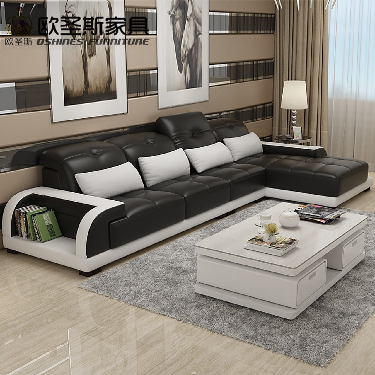 Cheers Barcelona Black And Big White Stitching L Shaped Modern Design Sectional Soft Cow Leather Sofa Set Living Room Furniture OnshopDealsCom