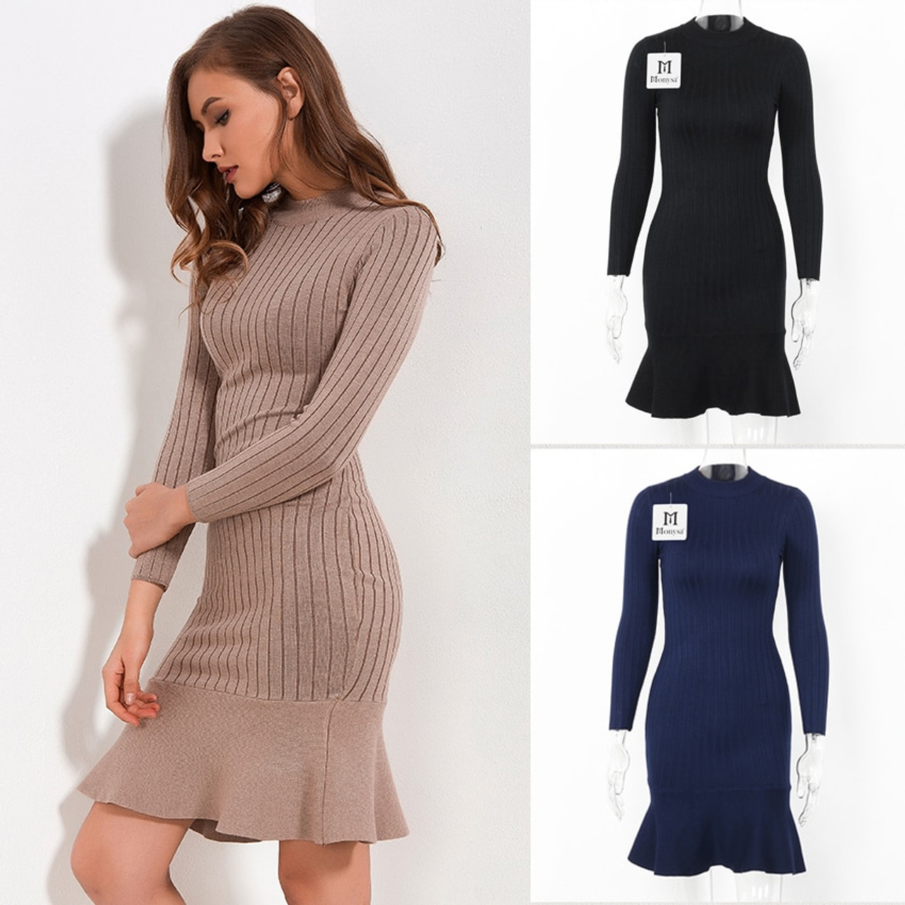 Ruffle Sweater Dress Autumn Winter 2018 New Arrivals Long Sleeve Bodycon Dresses Ladies Knee Length Knitted Sweater Dress Women Onshopdeals Com