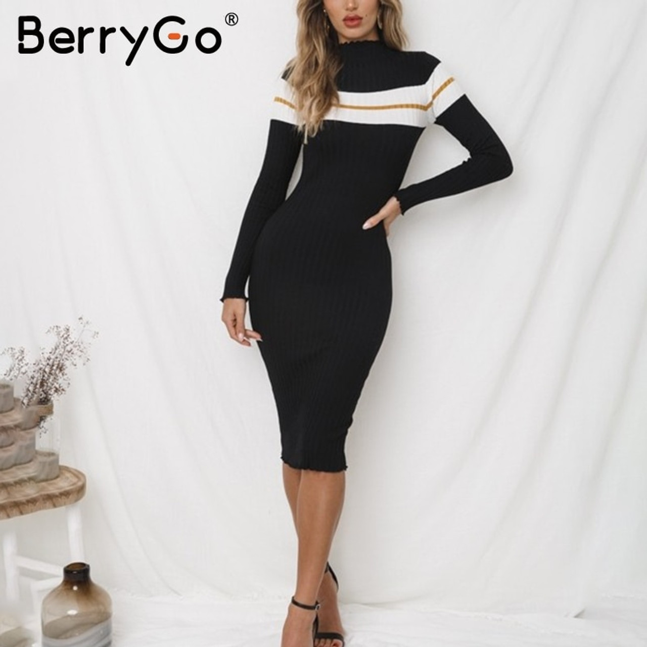 Berrygo Casual Striped Sweater Knitted Bodycon Dress Women Elegant